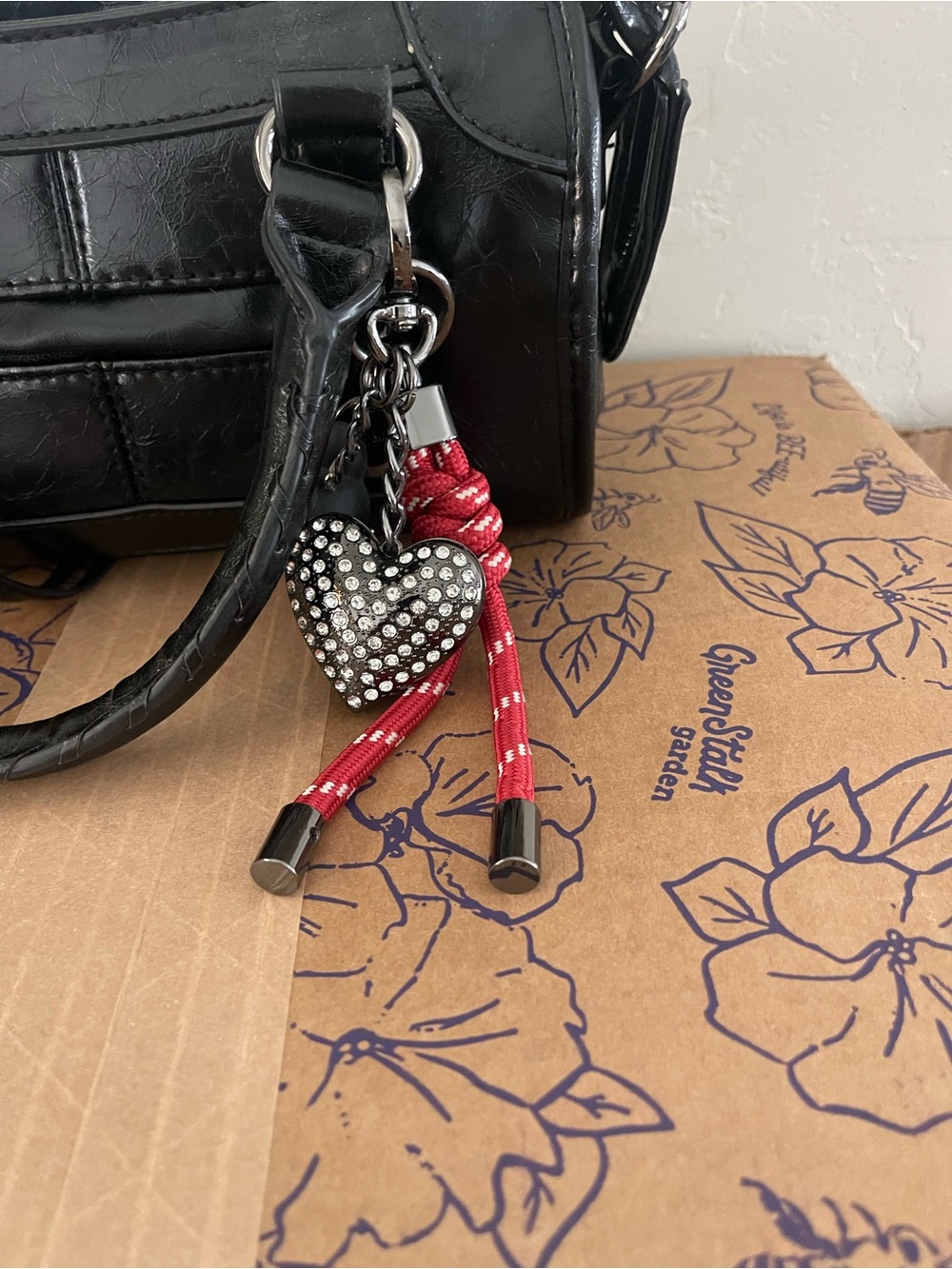 Steve Madden Black Mini Satchel with Red Rope Charm and Heart Charm - Picture 6 of 6